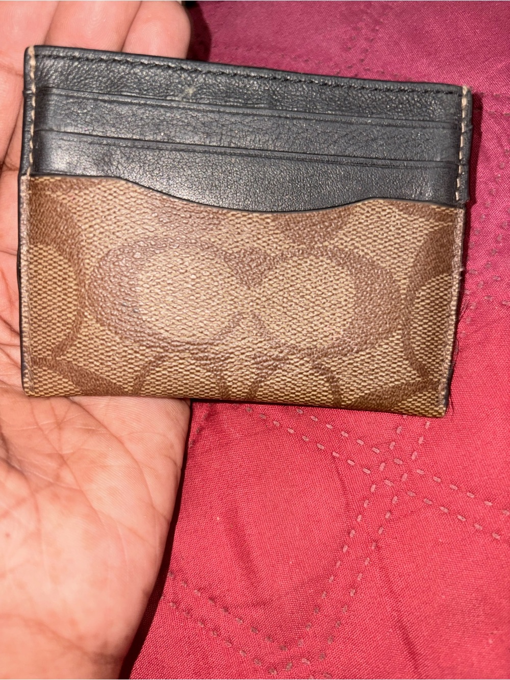 Coach Brown Signature Canvas and Black Leather Card Holder